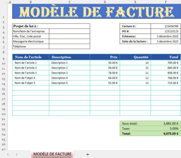 Modèle de facture Excel professionnel avec tableau des articles, prix, quantités et total calculé automatiquement.