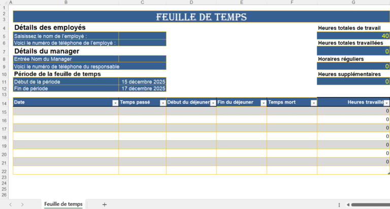 Feuille de temps Excel professionnelle avec suivi des heures travaillées, heures supplémentaires et période hebdomadaire