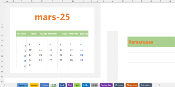 « Modèle de calendrier Excel pour mars 2025 avec jours en français et zone de remarques. »