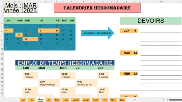 Calendrier hebdomadaire et emploi du temps — modèle Excel en français pour organiser les tâches, les cours et les devoirs.