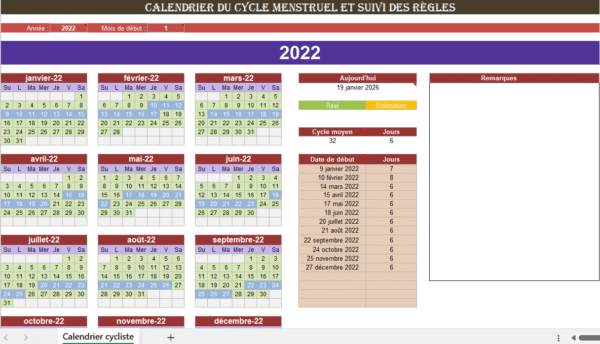 Calendrier du cycle menstruel sur Excel pour le suivi des règles et de l’ovulation