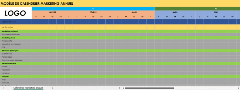 Modèle de calendrier marketing annuel en Excel avec planification mensuelle des actions marketing