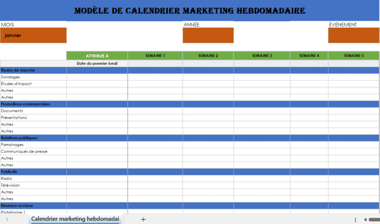 Modèle de calendrier marketing hebdomadaire en Excel avec planification par semaine