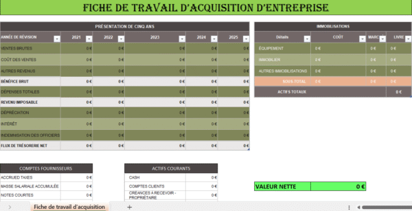 Feuille de travail d’acquisition d’entreprise sur Excel pour analyse et due diligence