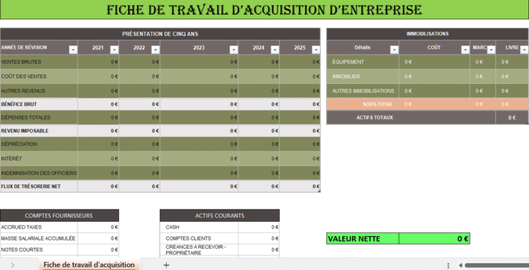 Feuille de travail d’acquisition d’entreprise sur Excel pour analyse et due diligence
