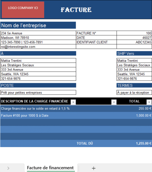 Facture avec frais financiers en Excel incluant intérêts de retard et total dû