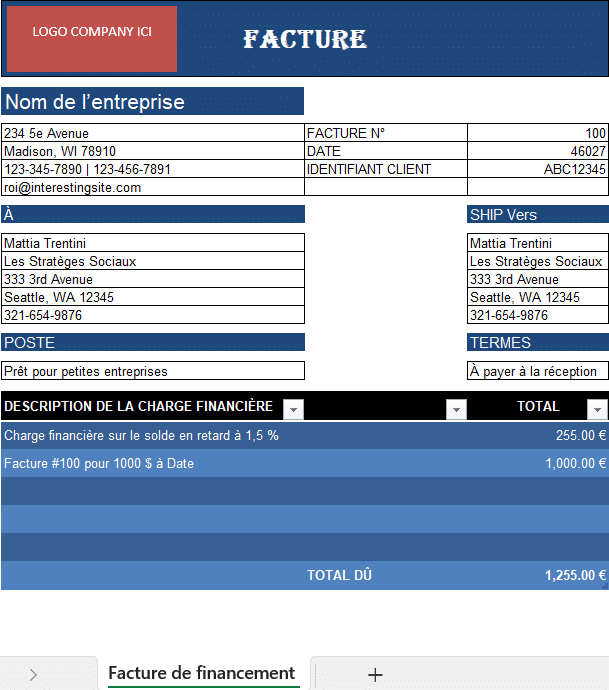 Facture avec frais financiers en Excel incluant intérêts de retard et total dû