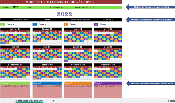 Modèle Excel de calendrier des équipes avec rotation des quarts, planification annuelle et gestion des équipes A, B, C et D