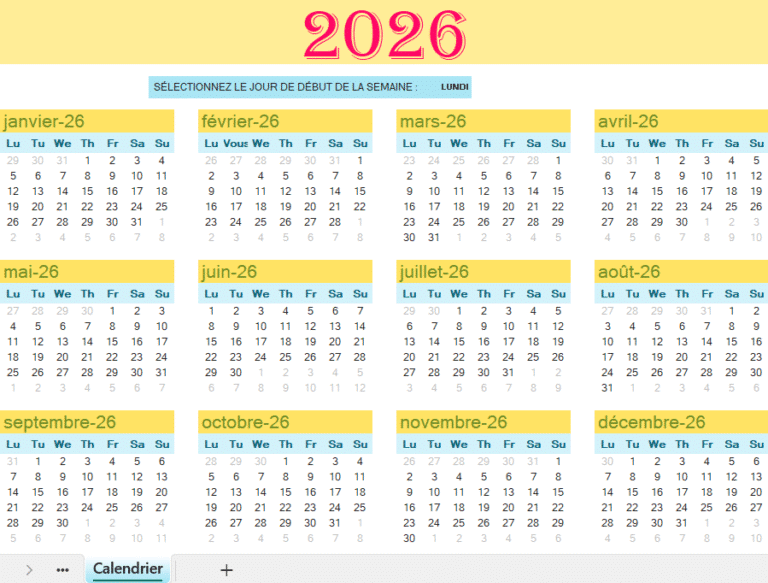 Calendrier annuel Excel 2026 avec tous les mois de janvier à décembre, jours de la semaine en français et option de sélection du jour de début de la semaine