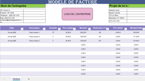Modèle de facture de vente Excel colorée avec logo, informations client, tableau de produits, remises et calcul automatique des montants.