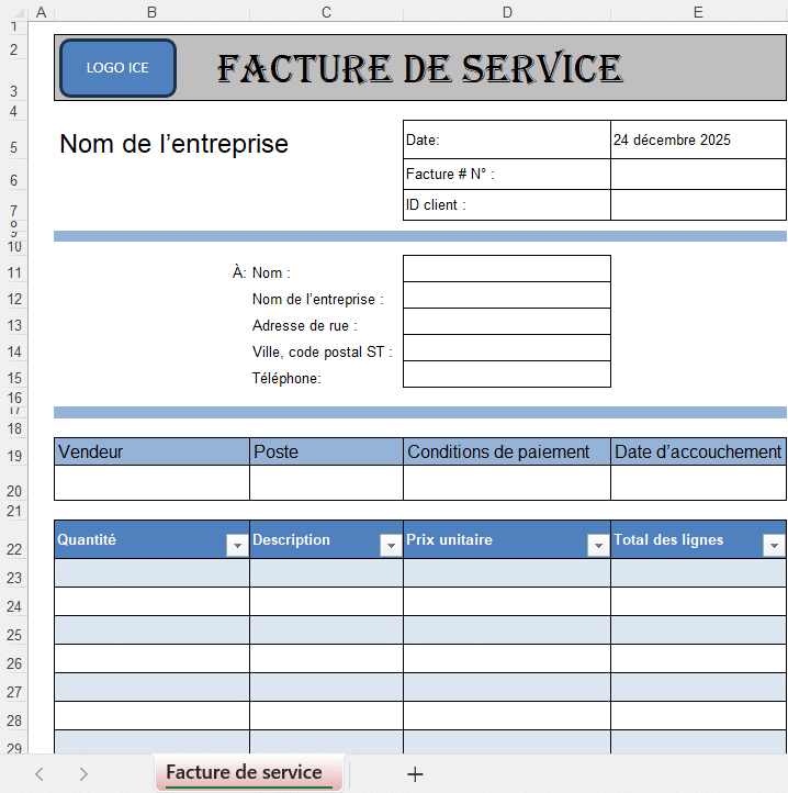Modèle de facture de service simple sur Excel avec champs pour les informations de l’entreprise, du client, les prestations et les totaux.