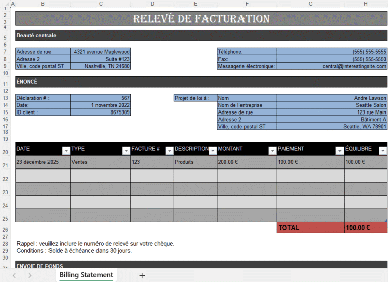 Relevé de facturation Excel avec suivi des factures, paiements et soldes clients