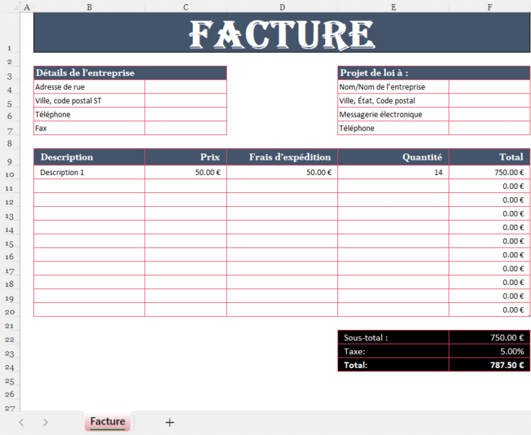 Facture Excel avec calcul automatique de la taxe, incluant les informations de l’entreprise, les détails du client, les frais d’expédition et le total TTC.