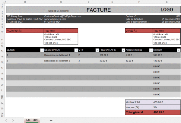 Modèle de facture Excel avec prix unitaire, quantités, frais supplémentaires, TVA et total général automatique