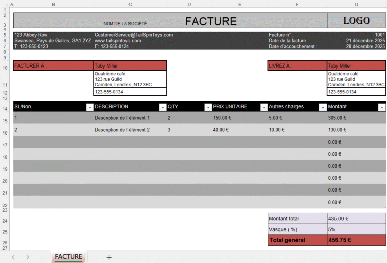 Modèle de facture Excel avec prix unitaire, quantités, frais supplémentaires, TVA et total général automatique