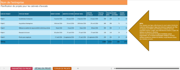 Modèle Excel de planification de projets pour cabinets d’avocats avec suivi des dossiers