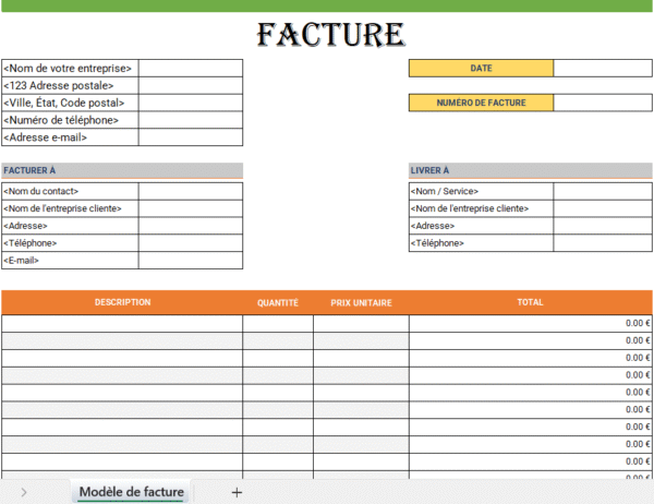 Modèle de facture Excel à marges larges pour facturation professionnelle