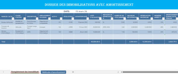 Registre des immobilisations avec amortissement en Excel