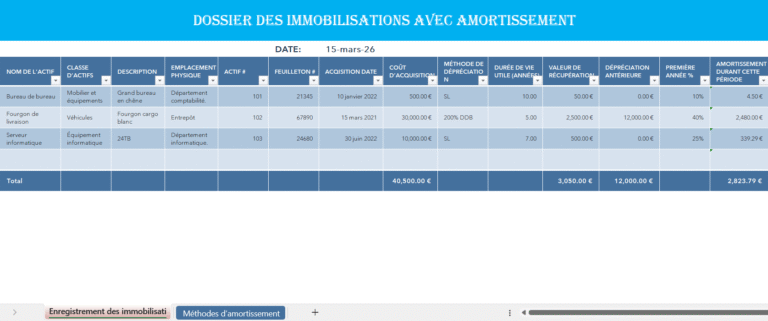 Registre des immobilisations avec amortissement en Excel