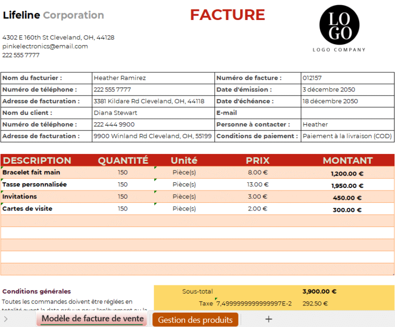 Modèle de facture en Excel pour facturation professionnelle